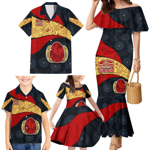 Personalized Suns Football Family Matching Mermaid Dress and Hawaiian Shirt Easter Egg Pattern Red Yellow Tribal Dot Art Style