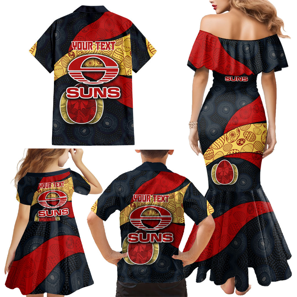 Personalized Suns Football Family Matching Mermaid Dress and Hawaiian Shirt Easter Egg Pattern Red Yellow Tribal Dot Art Style