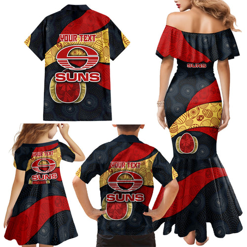 Personalized Suns Football Family Matching Mermaid Dress and Hawaiian Shirt Easter Egg Pattern Red Yellow Tribal Dot Art Style