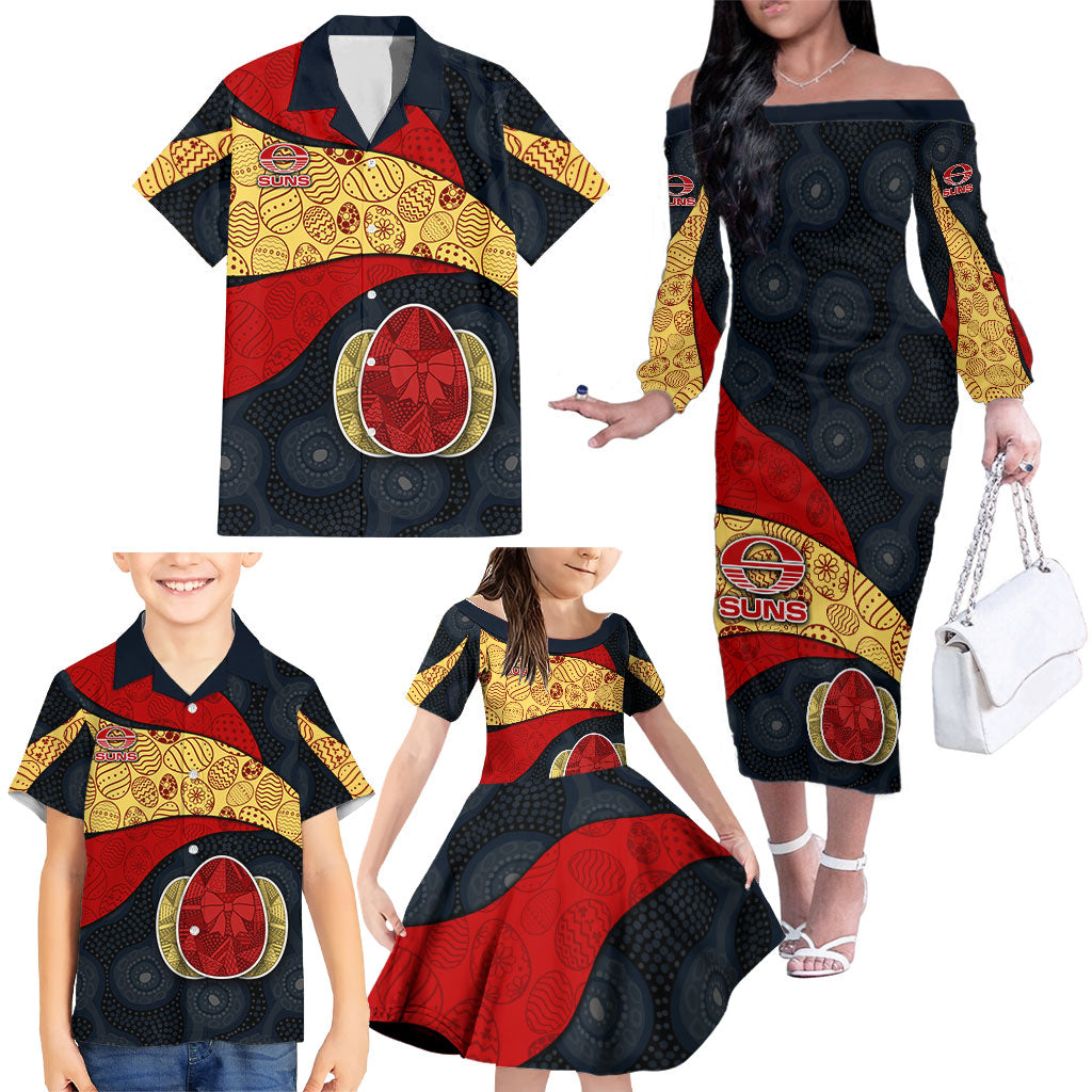 Personalized Suns Football Family Matching Off The Shoulder Long Sleeve Dress and Hawaiian Shirt Easter Egg Pattern Red Yellow Tribal Dot Art Style