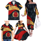 Personalized Suns Football Family Matching Off The Shoulder Long Sleeve Dress and Hawaiian Shirt Easter Egg Pattern Red Yellow Tribal Dot Art Style