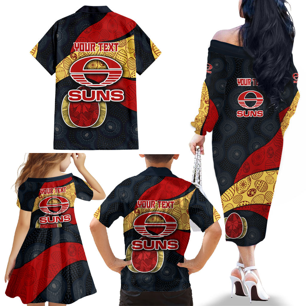 Personalized Suns Football Family Matching Off The Shoulder Long Sleeve Dress and Hawaiian Shirt Easter Egg Pattern Red Yellow Tribal Dot Art Style