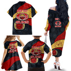 Personalized Suns Football Family Matching Off The Shoulder Long Sleeve Dress and Hawaiian Shirt Easter Egg Pattern Red Yellow Tribal Dot Art Style