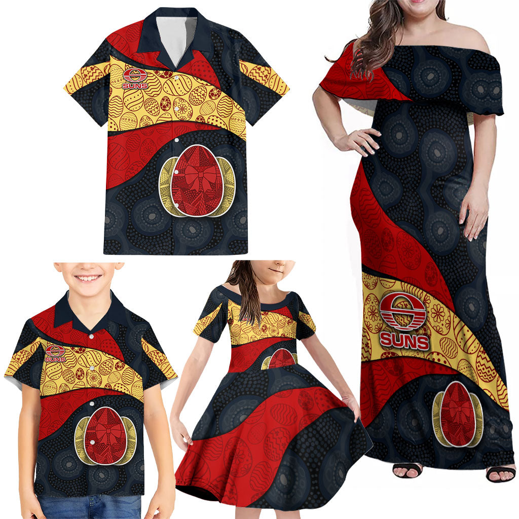 Personalized Suns Football Family Matching Off Shoulder Maxi Dress and Hawaiian Shirt Easter Egg Pattern Red Yellow Tribal Dot Art Style
