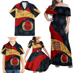 Personalized Suns Football Family Matching Off Shoulder Maxi Dress and Hawaiian Shirt Easter Egg Pattern Red Yellow Tribal Dot Art Style