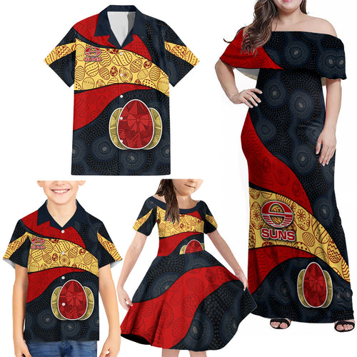 Personalized Suns Football Family Matching Off Shoulder Maxi Dress and Hawaiian Shirt Easter Egg Pattern Red Yellow Tribal Dot Art Style