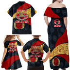Personalized Suns Football Family Matching Off Shoulder Maxi Dress and Hawaiian Shirt Easter Egg Pattern Red Yellow Tribal Dot Art Style