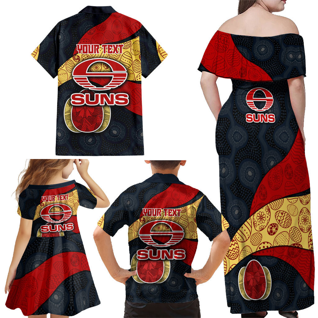 Personalized Suns Football Family Matching Off Shoulder Maxi Dress and Hawaiian Shirt Easter Egg Pattern Red Yellow Tribal Dot Art Style
