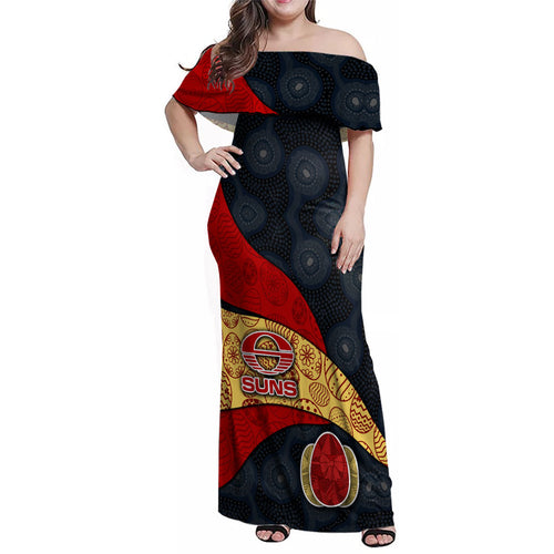 Personalized Suns Football Family Matching Off Shoulder Maxi Dress and Hawaiian Shirt Easter Egg Pattern Red Yellow Tribal Dot Art Style