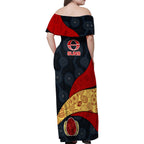 Personalized Suns Football Family Matching Off Shoulder Maxi Dress and Hawaiian Shirt Easter Egg Pattern Red Yellow Tribal Dot Art Style