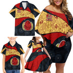 Personalized Suns Football Family Matching Off Shoulder Short Dress and Hawaiian Shirt Easter Egg Pattern Red Yellow Tribal Dot Art Style