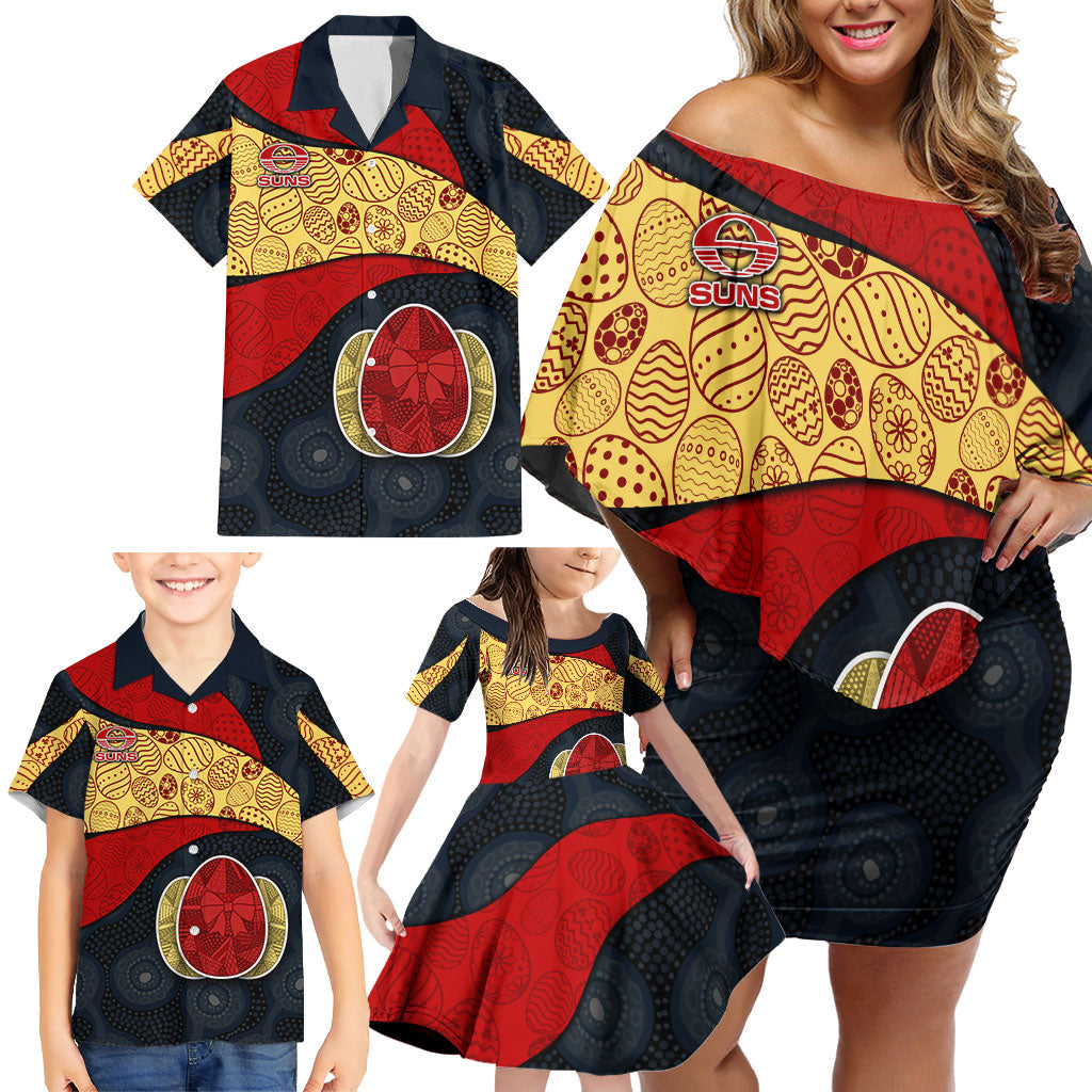 Personalized Suns Football Family Matching Off Shoulder Short Dress and Hawaiian Shirt Easter Egg Pattern Red Yellow Tribal Dot Art Style