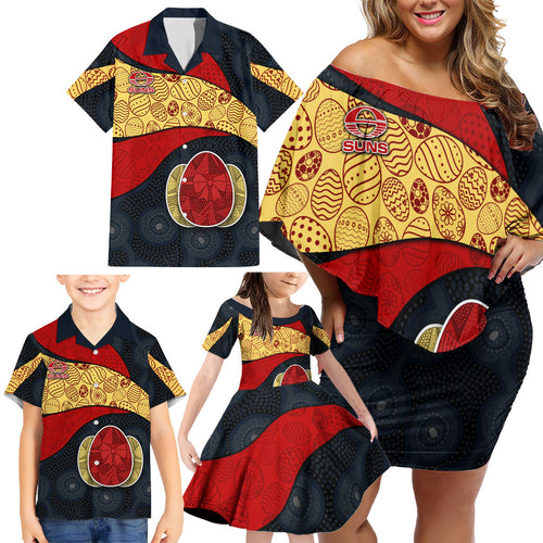 Personalized Suns Football Family Matching Off Shoulder Short Dress and Hawaiian Shirt Easter Egg Pattern Red Yellow Tribal Dot Art Style