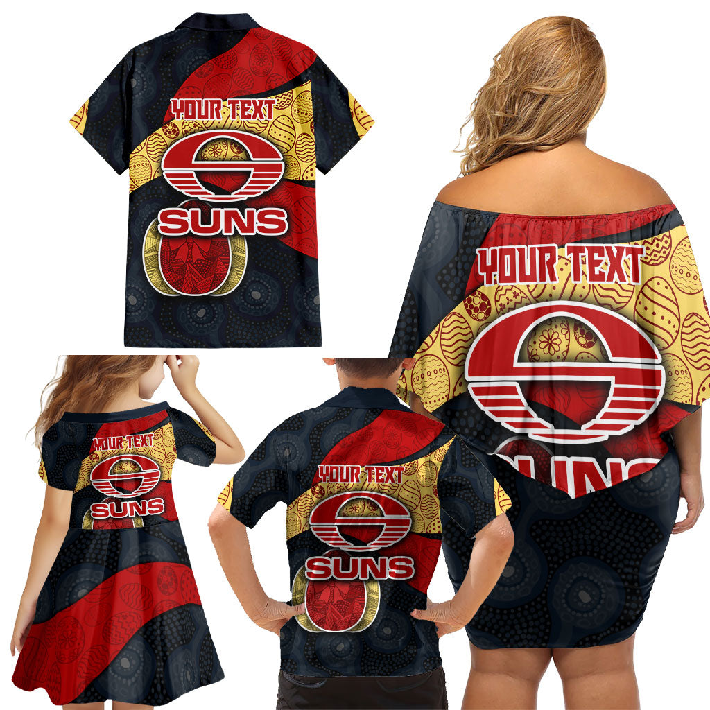 Personalized Suns Football Family Matching Off Shoulder Short Dress and Hawaiian Shirt Easter Egg Pattern Red Yellow Tribal Dot Art Style
