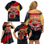 Personalized Suns Football Family Matching Off Shoulder Short Dress and Hawaiian Shirt Easter Egg Pattern Red Yellow Tribal Dot Art Style