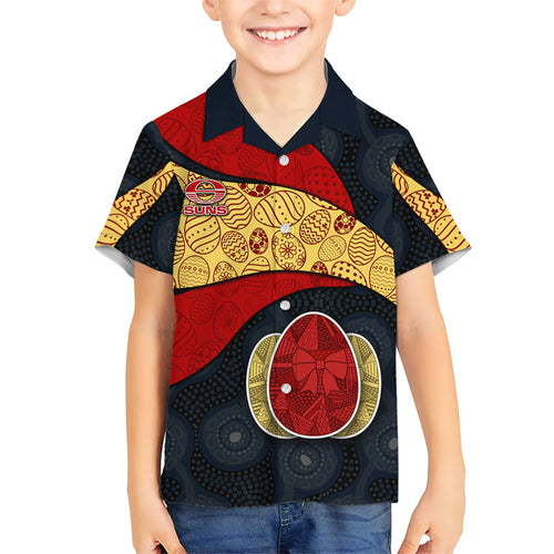 Personalized Suns Football Family Matching Off Shoulder Short Dress and Hawaiian Shirt Easter Egg Pattern Red Yellow Tribal Dot Art Style