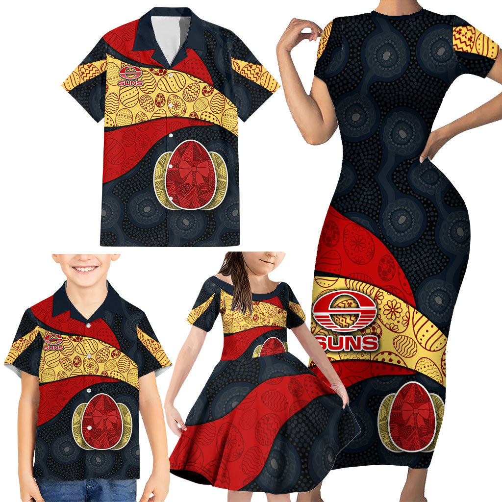 Personalized Suns Football Family Matching Short Sleeve Bodycon Dress and Hawaiian Shirt Easter Egg Pattern Red Yellow Tribal Dot Art Style