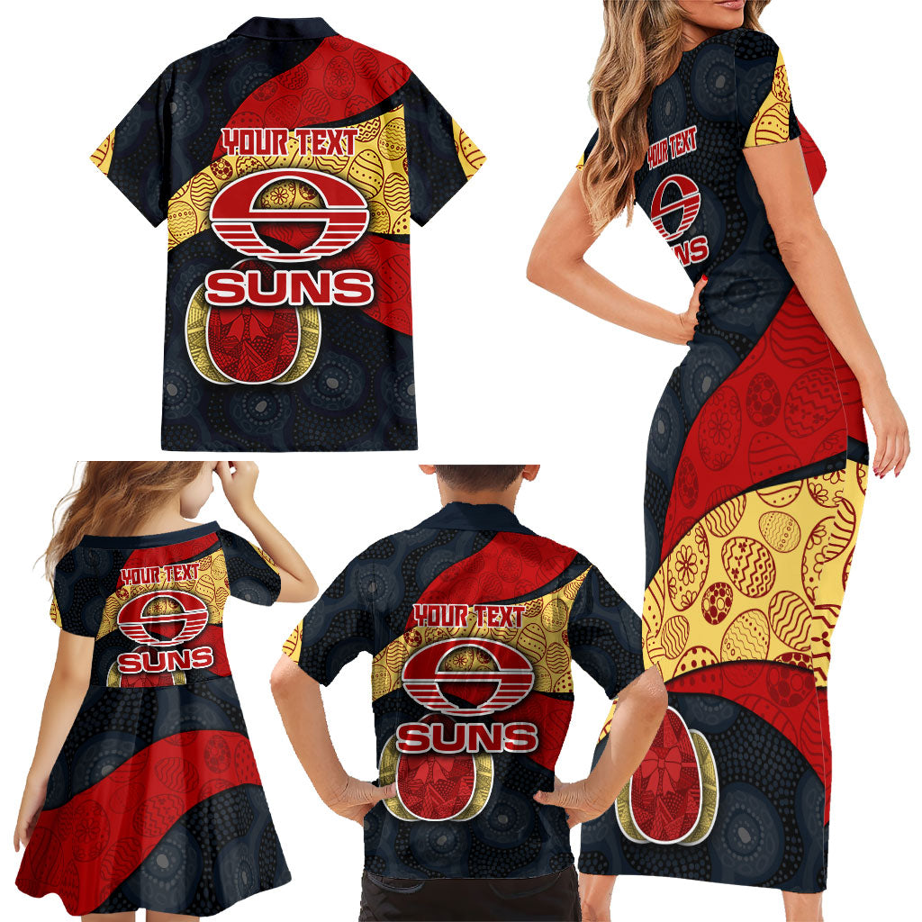 Personalized Suns Football Family Matching Short Sleeve Bodycon Dress and Hawaiian Shirt Easter Egg Pattern Red Yellow Tribal Dot Art Style