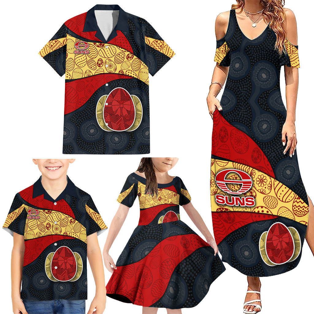 Personalized Suns Football Family Matching Summer Maxi Dress and Hawaiian Shirt Easter Egg Pattern Red Yellow Tribal Dot Art Style