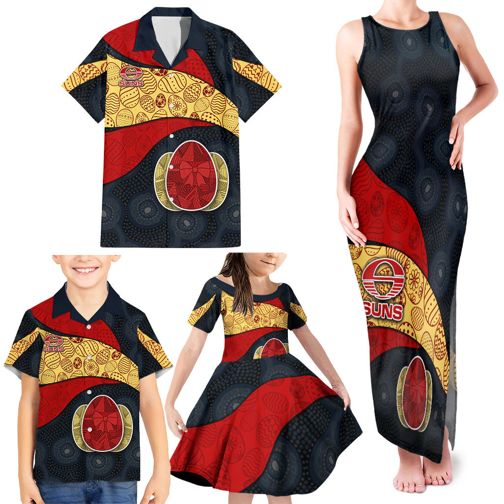 Personalized Suns Football Family Matching Tank Maxi Dress and Hawaiian Shirt Easter Egg Pattern Red Yellow Tribal Dot Art Style