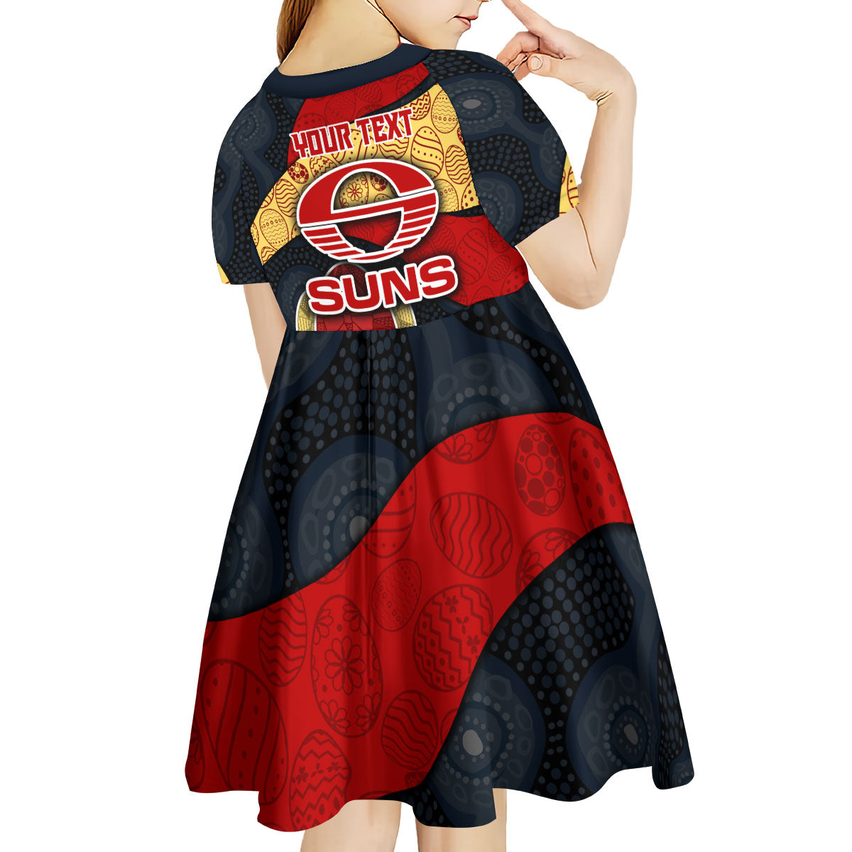 Personalized Suns Football Kid Short Sleeve Dress Easter Egg Pattern Red Yellow Tribal Dot Art Style