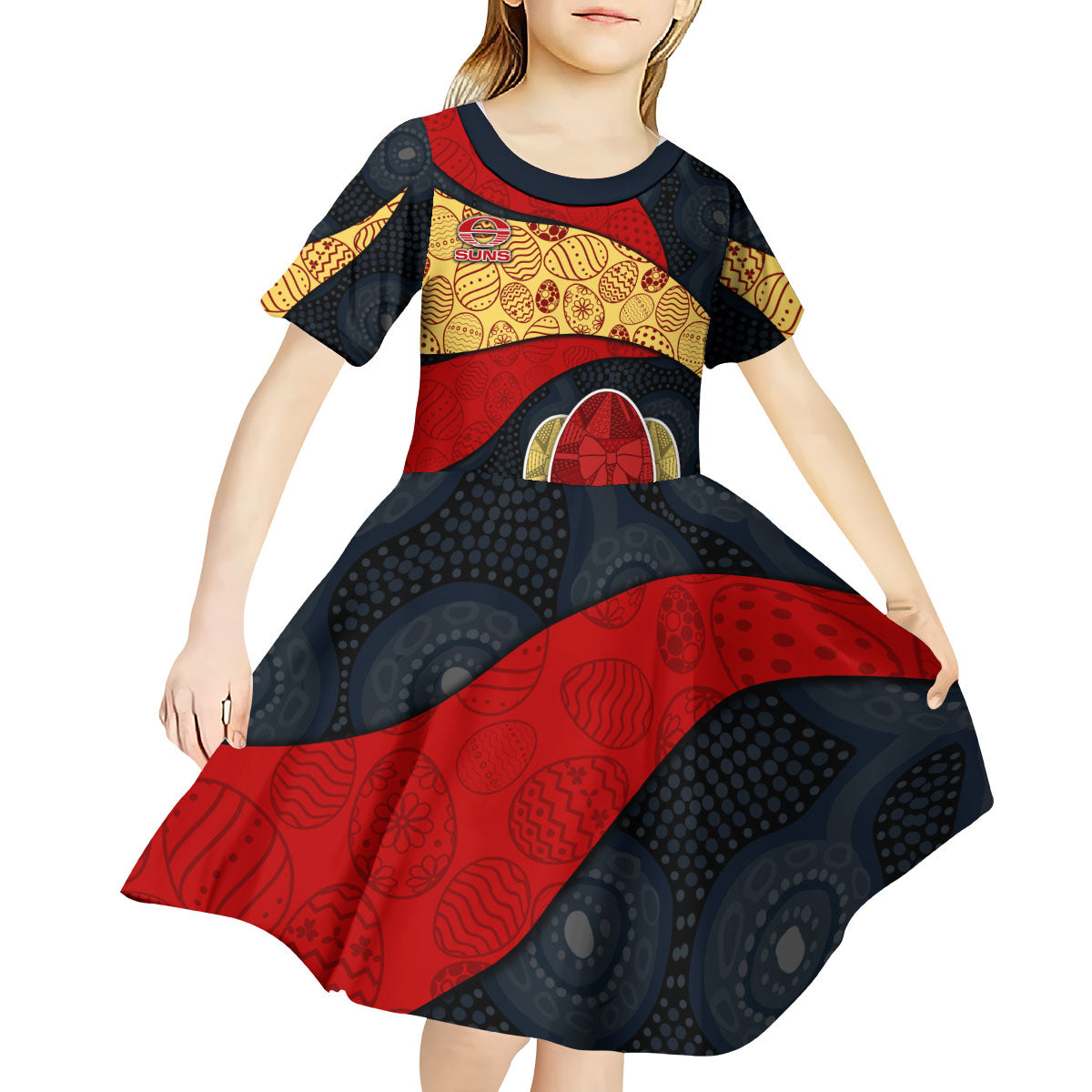 Personalized Suns Football Kid Short Sleeve Dress Easter Egg Pattern Red Yellow Tribal Dot Art Style