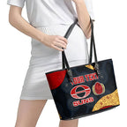 Personalized Suns Football Leather Tote Bag Easter Egg Pattern Red Yellow Tribal Dot Art Style