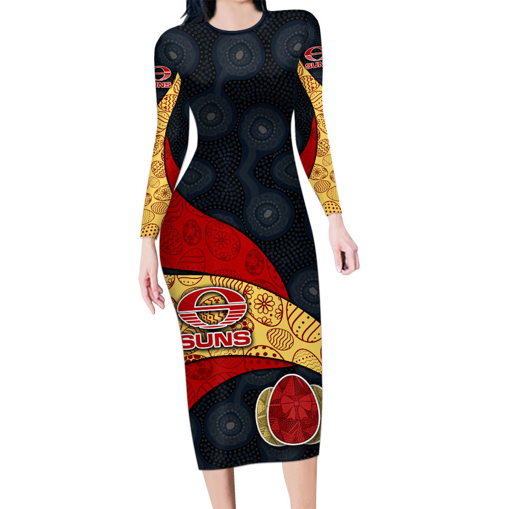 Personalized Suns Football Long Sleeve Bodycon Dress Easter Egg Pattern Red Yellow Tribal Dot Art Style