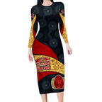 Personalized Suns Football Long Sleeve Bodycon Dress Easter Egg Pattern Red Yellow Tribal Dot Art Style