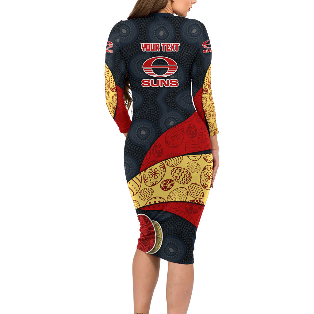 Personalized Suns Football Long Sleeve Bodycon Dress Easter Egg Pattern Red Yellow Tribal Dot Art Style