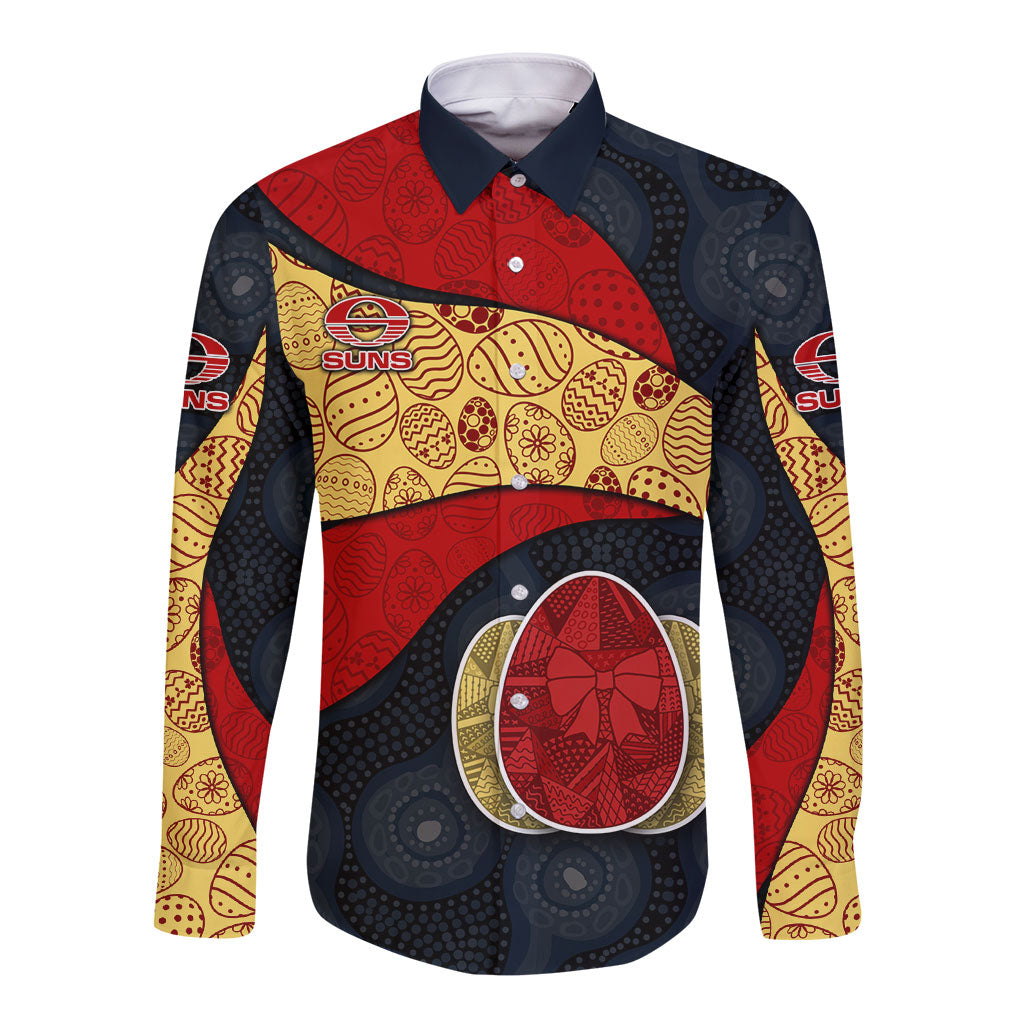 Personalized Suns Football Long Sleeve Button Shirt Easter Egg Pattern Red Yellow Tribal Dot Art Style