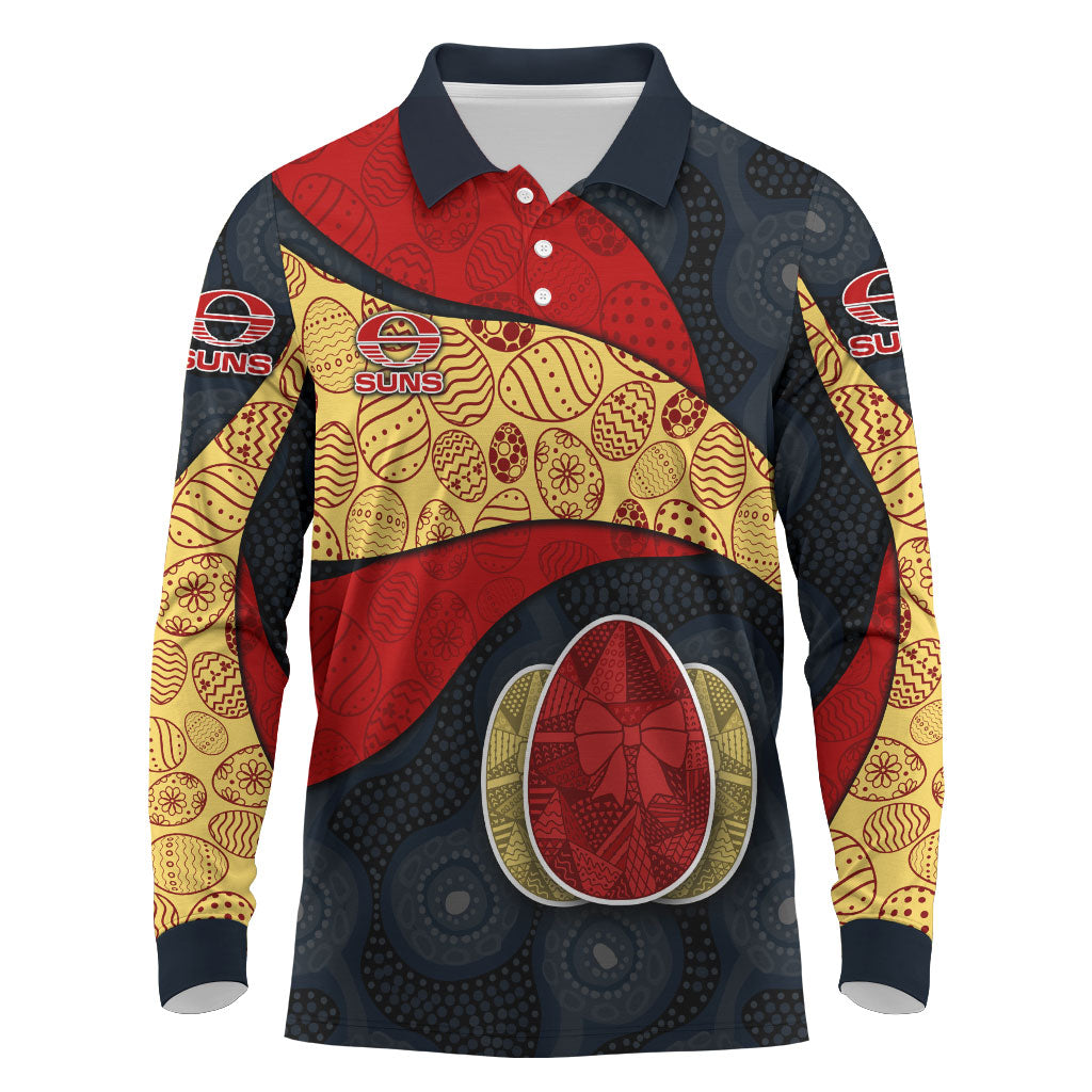 Personalized Suns Football Long Sleeve Polo Shirt Easter Egg Pattern Red Yellow Tribal Dot Art Style