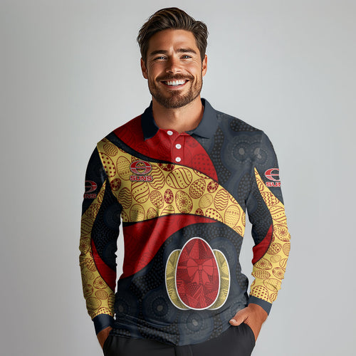 Personalized Suns Football Long Sleeve Polo Shirt Easter Egg Pattern Red Yellow Tribal Dot Art Style