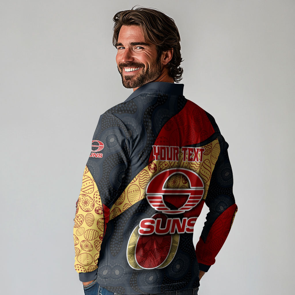 Personalized Suns Football Long Sleeve Polo Shirt Easter Egg Pattern Red Yellow Tribal Dot Art Style