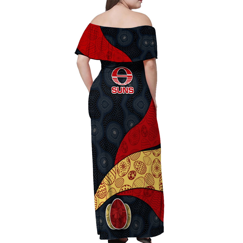 Personalized Suns Football Off Shoulder Maxi Dress Easter Egg Pattern Red Yellow Tribal Dot Art Style