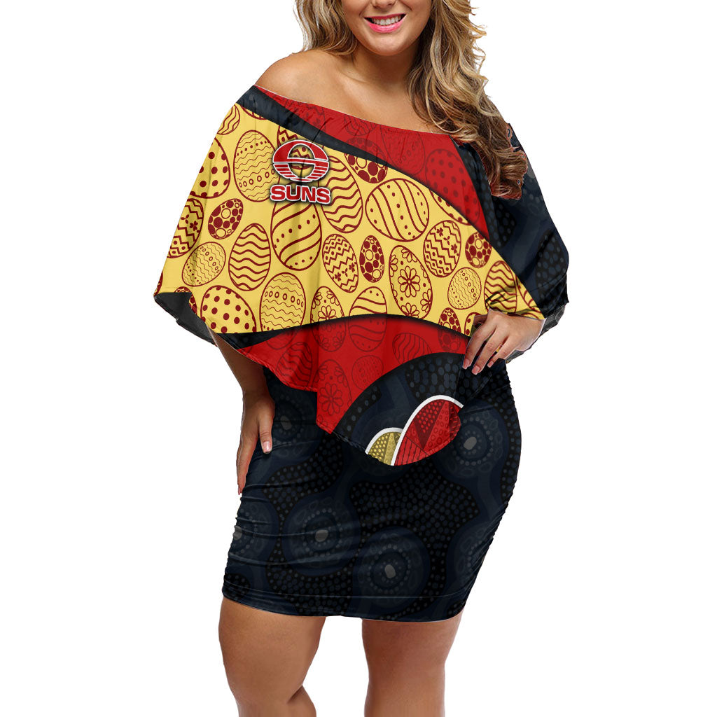 Personalized Suns Football Off Shoulder Short Dress Easter Egg Pattern Red Yellow Tribal Dot Art Style