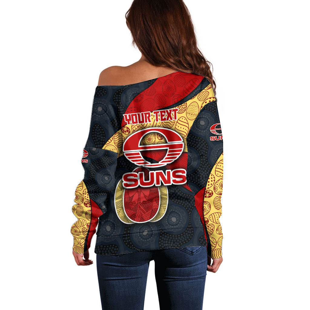 Personalized Suns Football Off Shoulder Sweater Easter Egg Pattern Red Yellow Tribal Dot Art Style