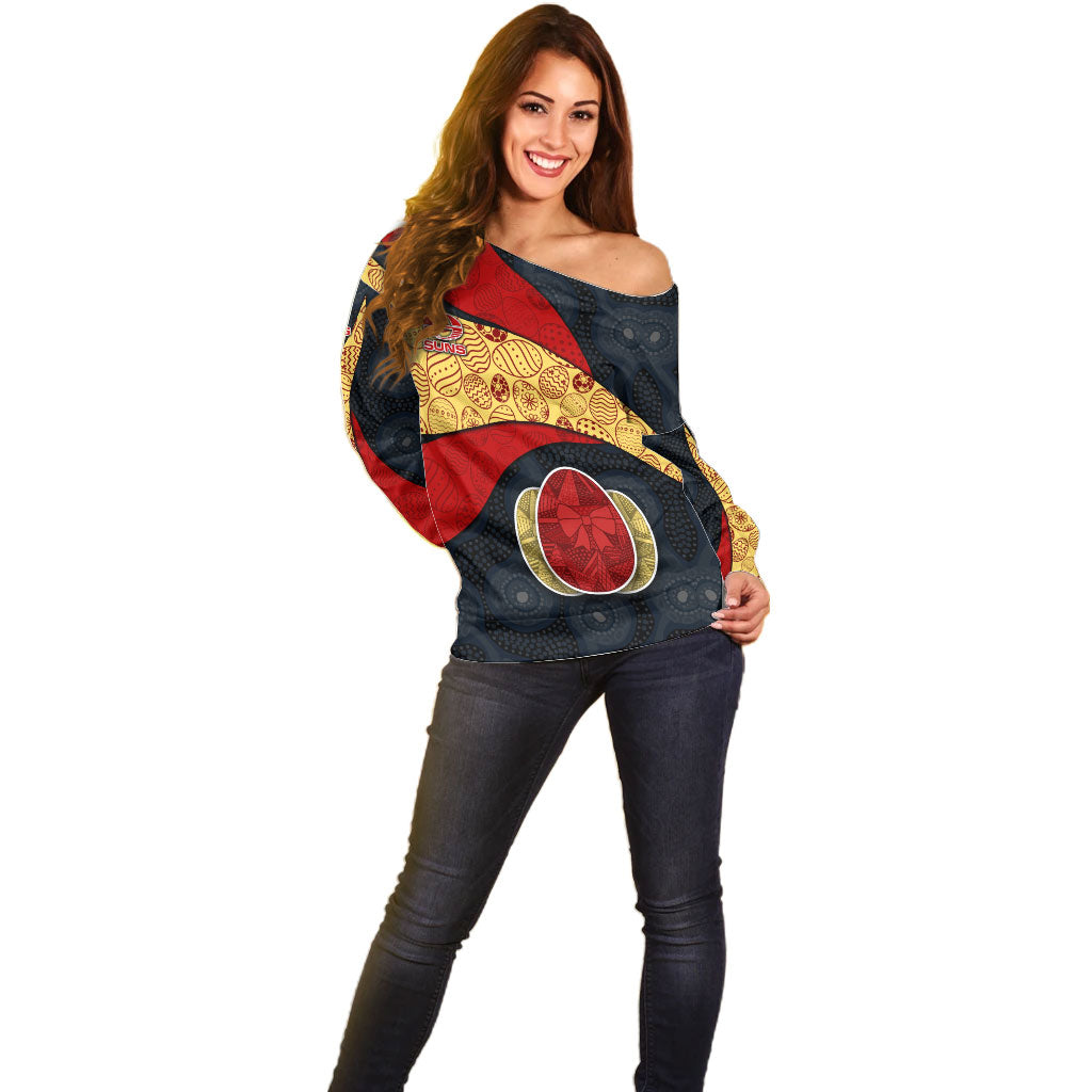 Personalized Suns Football Off Shoulder Sweater Easter Egg Pattern Red Yellow Tribal Dot Art Style