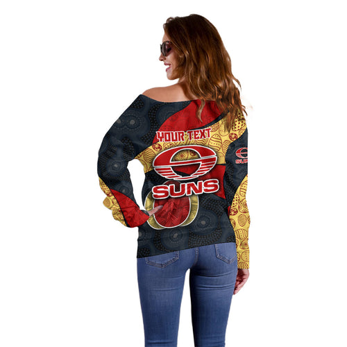 Personalized Suns Football Off Shoulder Sweater Easter Egg Pattern Red Yellow Tribal Dot Art Style