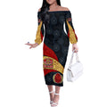 Personalized Suns Football Off The Shoulder Long Sleeve Dress Easter Egg Pattern Red Yellow Tribal Dot Art Style