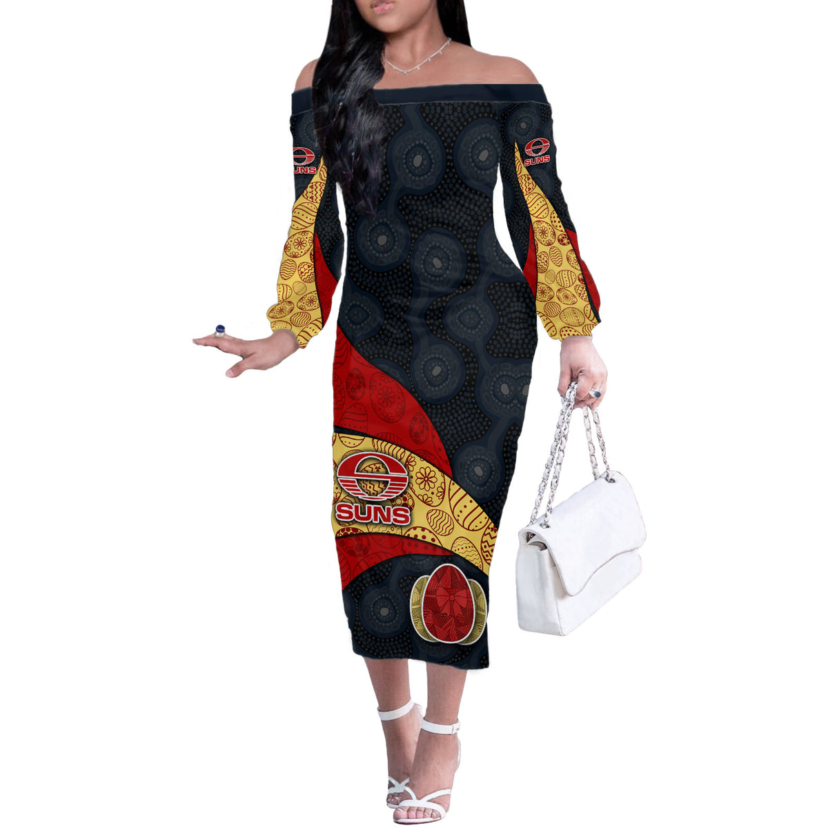 Personalized Suns Football Off The Shoulder Long Sleeve Dress Easter Egg Pattern Red Yellow Tribal Dot Art Style