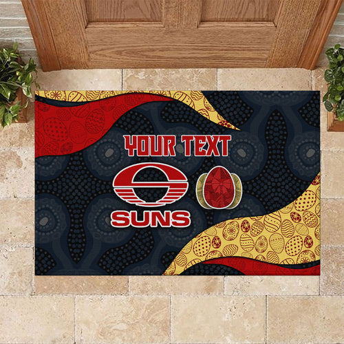 Personalized Suns Football Rubber Doormat Easter Egg Pattern Red Yellow Tribal Dot Art Style