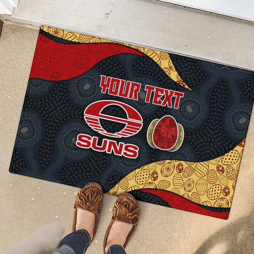 Personalized Suns Football Rubber Doormat Easter Egg Pattern Red Yellow Tribal Dot Art Style