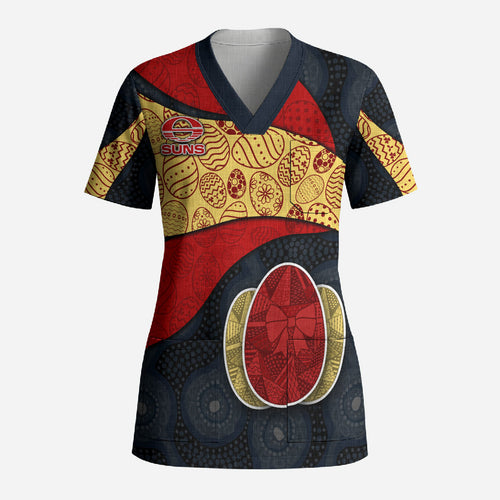 Personalized Suns Football Scrub Top Easter Egg Pattern Red Yellow Tribal Dot Art Style