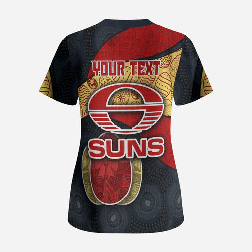 Personalized Suns Football Scrub Top Easter Egg Pattern Red Yellow Tribal Dot Art Style