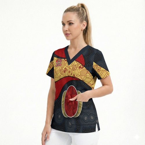 Personalized Suns Football Scrub Top Easter Egg Pattern Red Yellow Tribal Dot Art Style
