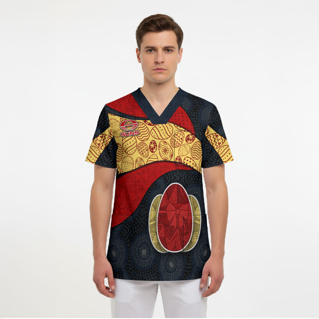 Personalized Suns Football Scrub Top Easter Egg Pattern Red Yellow Tribal Dot Art Style