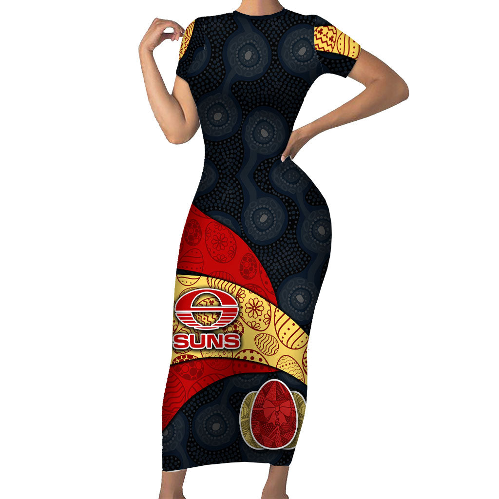Personalized Suns Football Short Sleeve Bodycon Dress Easter Egg Pattern Red Yellow Tribal Dot Art Style