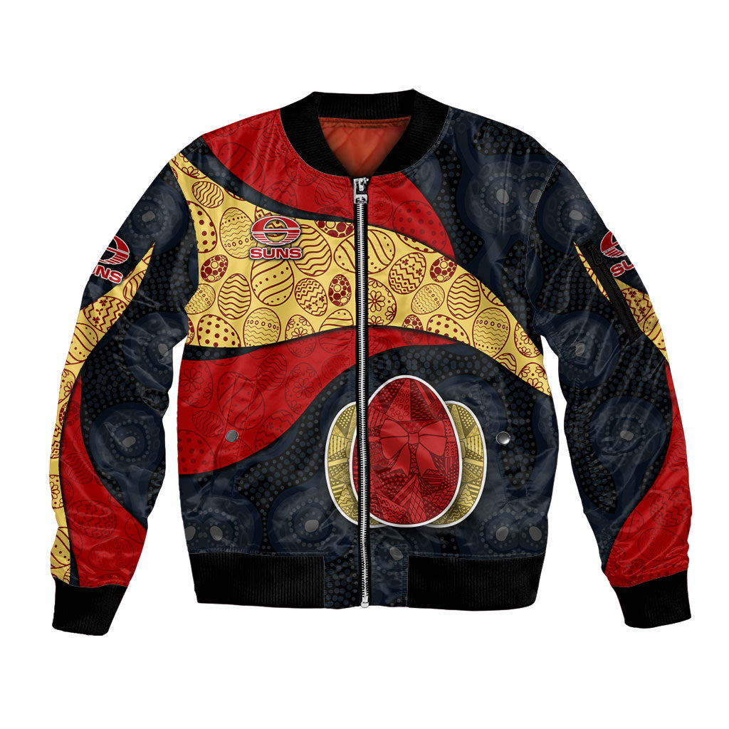 Personalized Suns Football Sleeve Zip Bomber Jacket Easter Egg Pattern Red Yellow Tribal Dot Art Style