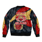 Personalized Suns Football Sleeve Zip Bomber Jacket Easter Egg Pattern Red Yellow Tribal Dot Art Style